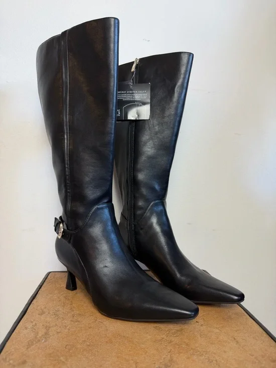 Naturalizer Black Leather Pointed-Toe Knee Boots with Mid Heels - Picture 3 of 13